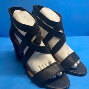 LUCKY BRAND Women's Crossover Strap Black w Tan 2 1/4"   Heel Sandal Size 9 M